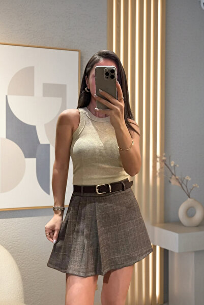 SHILSEE BEUTİQUE Women's Plaid Belted Pleated Short Skirt Brown