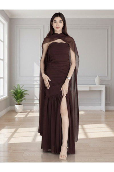 Nice Model فستان سهرة بني أنيق مع كاب من الشيفون وصدّار مكشكش، فستان رسمي للم...