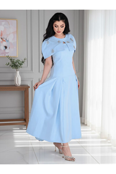 Nice Model Stunning Sky Blue A Line Midi Gown Crystal Embellished Cape Sleeve...