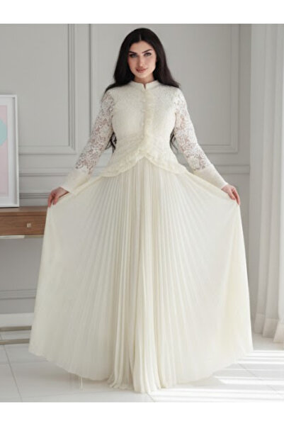 Nice Model فستان سهرة طويل الأكمام من الدانتيل الكريمي الكلاسيكي، مزين بتنورة...