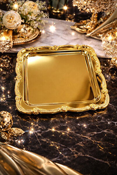 Ogeda Home, Gold Üzeri Gold Gül Figürlü Sunum Tepsisi– Tek Kişilik Dekoratif ...
