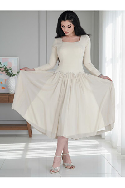Nice Model Elegant Beige Square Collar Chiffon Skirt Long Sleeve Crystal Wais...