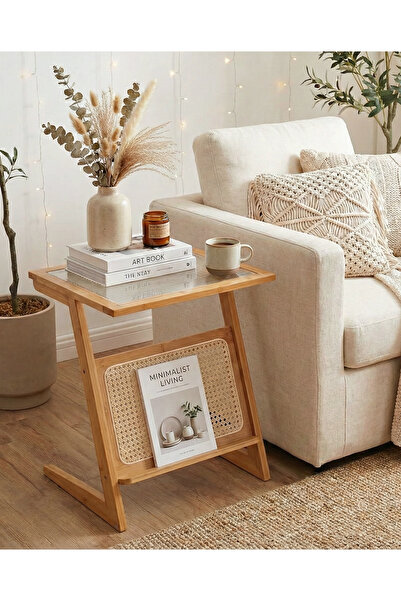 Robin Home Doğal Bambu Hazeranlı Rattan Yan Sehpa Komodin Kitaplık Dergilik