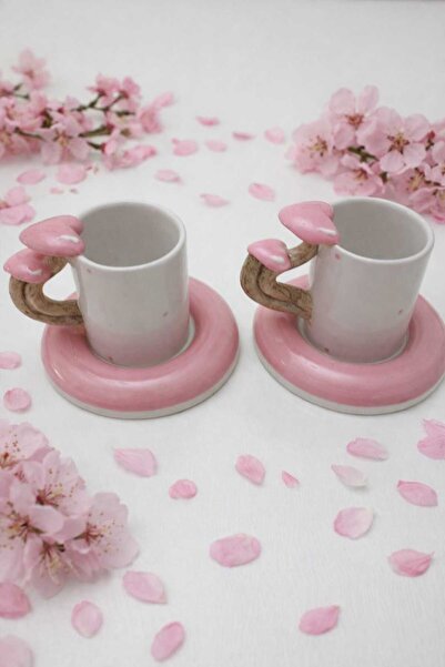 Dİ TAZZA El Yapımı Kalpli Tasarım 4 Parçalı 2 Kişilik Seramik Kahve Fincanı T...