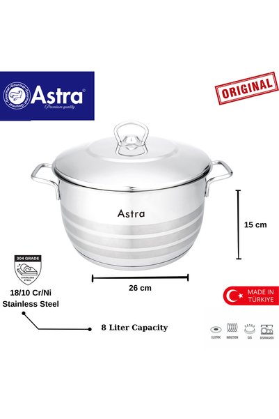 Astra Casserole 26x15cm - 8 Liter Capacity -18/10 Cr-Ni Stainless Steel - induction cookers