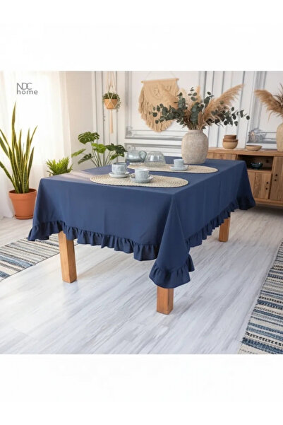 NDC HOME Navy Blue Linen Ruffle Tablecloth