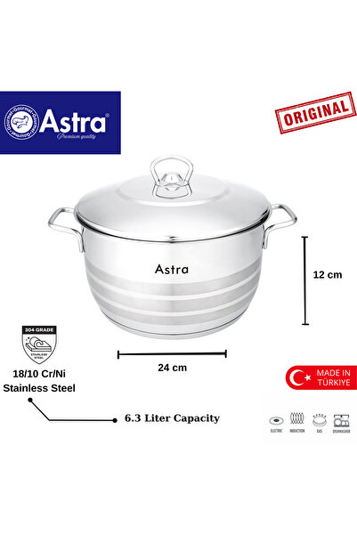 Astra قدر طهي 24×12 سم - سعة 6.3 لتر - مصنوع من الفولاذ المقاوم للصدأ 18/10 ك...