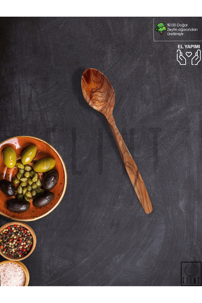 FLINT Zeytin ağacı el yapımı tahta ahşap kaşık orta mutfak yemek kaşığı  22 cm