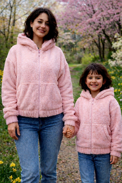 Güzin Fashion Mother & Daughter Matching Plush Zippered Hooded Coat – Soft Te...