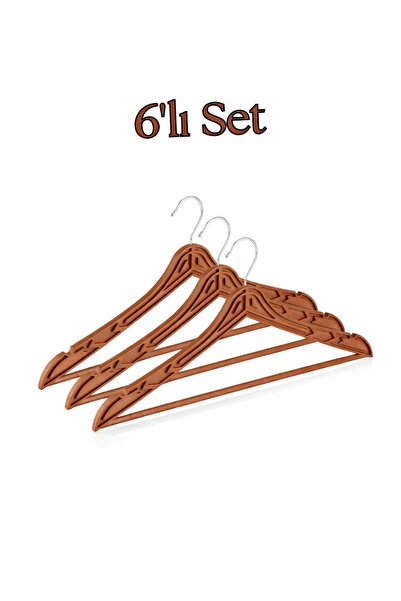 PraticBox 6 Adet Ahşap Desenli Metal Başlıklı Plastik Elbise Askısı