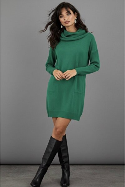 Be Best فستان نسائي قصير من التريكو ذو ياقة ديجاجي باللون الأخضر BE286