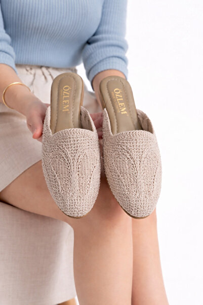 Behtah Kundura Kadın Önü Kapalı Hasır Terlik Dantel Örme Kelebek Desenli Çeyi...