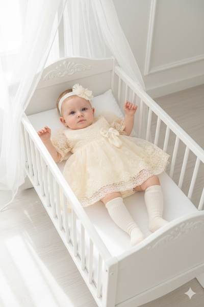 Miniday Baby Kız Bebek Mevlütlük Yazlık Elbise Bandanalı Dantelli Yeni doğan ...