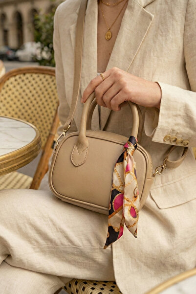Beige Leather Mini Trend Women's Hand and Shoulder Bag with Scarf Detail