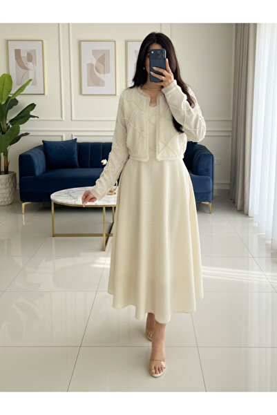 ILAN Elegant Beige Ivory Pearl Embellished Linen Midi Dress with Short Jacket...