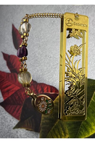 perfu atelier Enerji Taşlı Altın Metal Kitap Ayracı - Ruhsal Denge Serisi (Am...