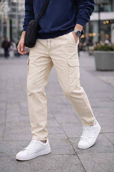 Souris بنطلون كارجو رجالي مريح من القطن مع 6 جيوب ورباط خصر مطاطي باللون البيج
