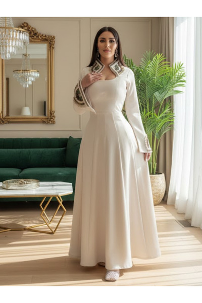 Nice Model Luxurious Beaded High Neck Long Sleeve Maxi Gown A Line Evening Fo...