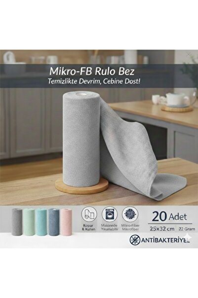 FB Cup (20'li Rulo) Mikro-FB Çok Amaçlı %100 Mikrofiber Temizlik Bezi 25x32 K...