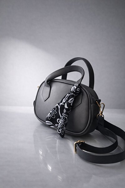 Women's Mini Gray Leather Hand and Shoulder Bag with Scarf Detail