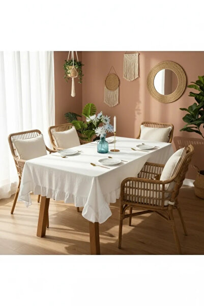 NDC HOME Premium Keten Beyaz Fırfırlı Masa Örtüsü