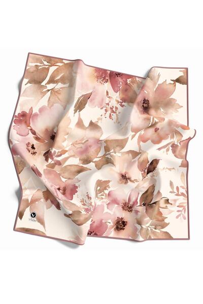 VİOLLA Kristal Büyük Çiçek Desenli Pudra Renkli 90x90 Eşarp (İpek İçermez) Ke...