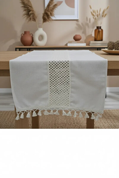 NDC HOME Design special din dantelă cremă de in brut și aler cu pompon 45 X 150