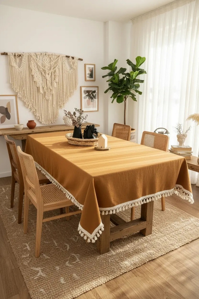 NDC HOME Pločica boje cimeta Lan Sirovi pompon Stolnjak