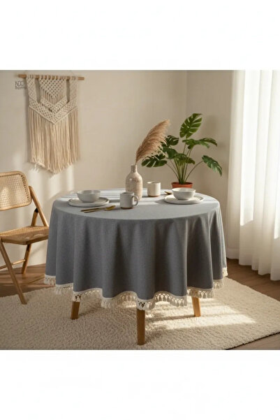 NDC HOME Față de masă rotundă de in gri antracit (cu pompon brut)