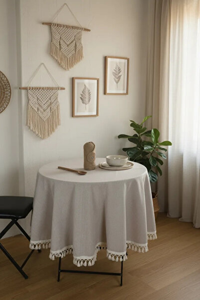 NDC HOME Față de masă rotundă cu pompon brut bej