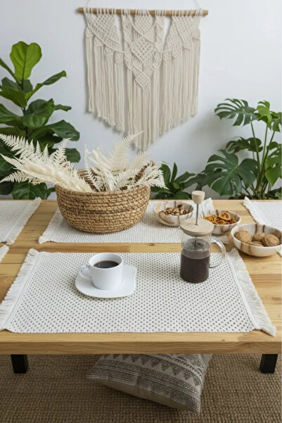 NDC HOME مفرش طاولة مكون من 4 قطع من القطن الخام المحبوك مع شرابات (35x50)