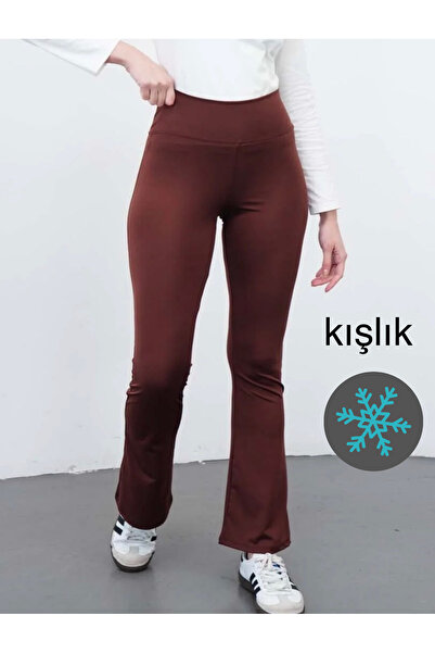 glanour Kadın Kahverengi Esnek Likralı Yüksek Bel Toparlayıcı Ispanyol Paça T...