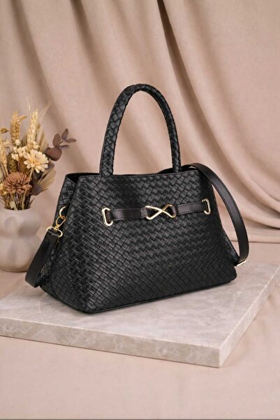 ÖZÜM ÇANTA Women's Knitted Pattern Belt Datay Hand and Shoulder Bag Black