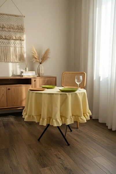 NDC HOME مفرش طاولة مستدير من الكتان باللون الأصفر