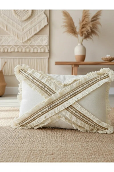 NDC HOME Husă de pernă cu cremă de in cu mai multe ciucuri încrucișate (35 x 55)