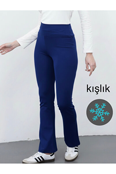 glanour بنطال ضيق نسائي باللون الأزرق الداكن واسع الأرجل مع بطانة من الصوف حت...