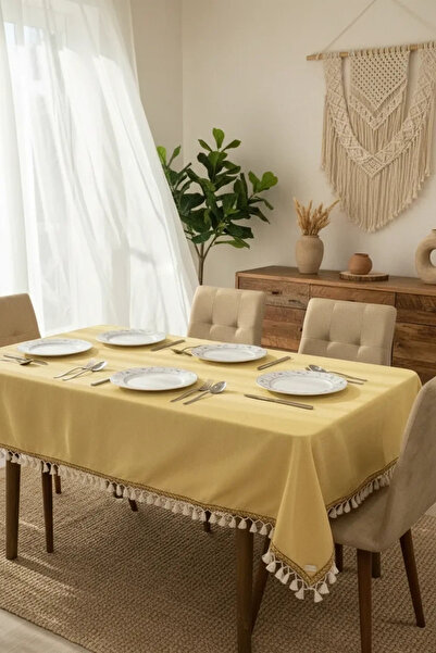 NDC HOME Față de masă galbenă bumbac in dungi maro cu pompon