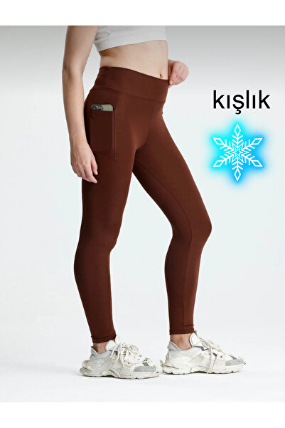 glanour Women's Brown High Waist Winter Leggings with Fleece Lining and Pockets