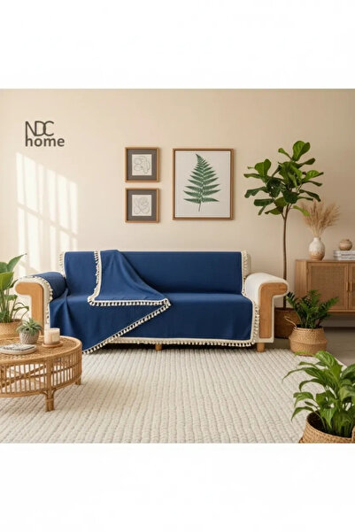 NDC HOME كتان فاخر - غطاء أريكة بوم بوم باللون الأزرق الداكن (170 × 220)
