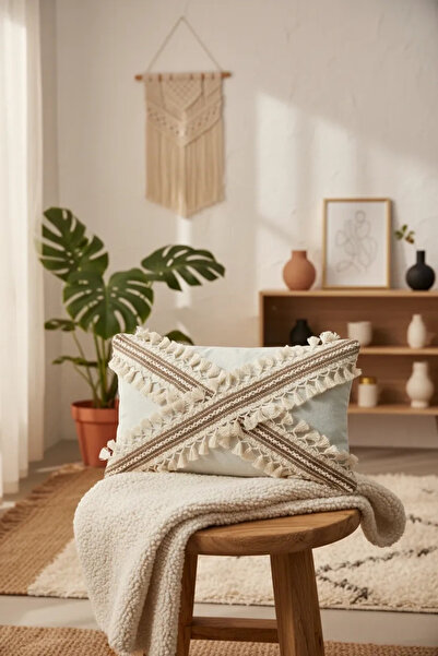 NDC HOME Lan Smeđe križane boje Čipka kom sa pomponom Jastuk - Sa poklopcem (...