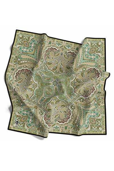 VİOLLA Kristal Şal Desenli Zümrüt Yeşili - Haki Renkli 90x90 Eşarp (İpek İçer...