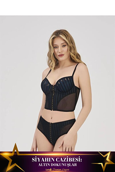 Letsii Unpadded Bra Set with Gold Accessories in Black Color