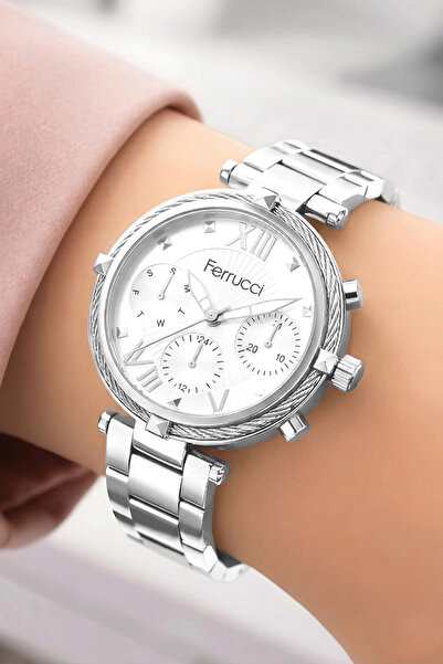 Ferrucci Kadın Kol Saati Çelik Kordon Çelik Kasa Taşlı Bileklik Hediyesi ile ...