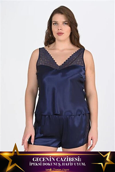 Letsii طقم شورتات ساتان كبير الحجم مكون من قطعتين باللون الأزرق الداكن