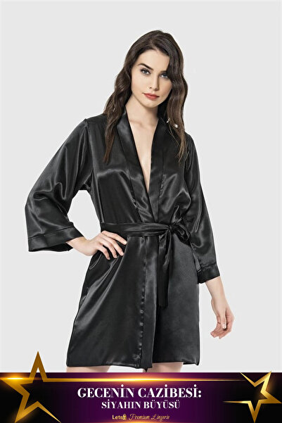 Letsii Short Satin Women's Dressing Gown Black Color