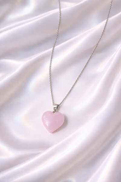PORSE Kadın Pembe Kuvars Doğal Taşı Kalp Şeklinde Çelik Zincirli Kolye