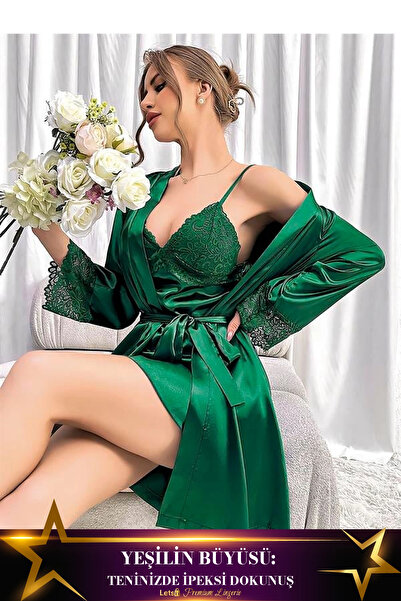 Letsii Dantel İşlemeli Göğüs Dekolteli Sabahlıklı Saten Gecelik Takımı Yeşil ...