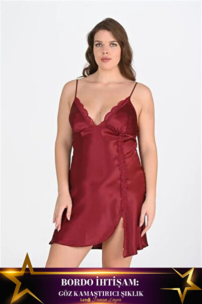 Letsii طقم روب ساتان كبير الحجم مكون من قطعتين باللون العنابي