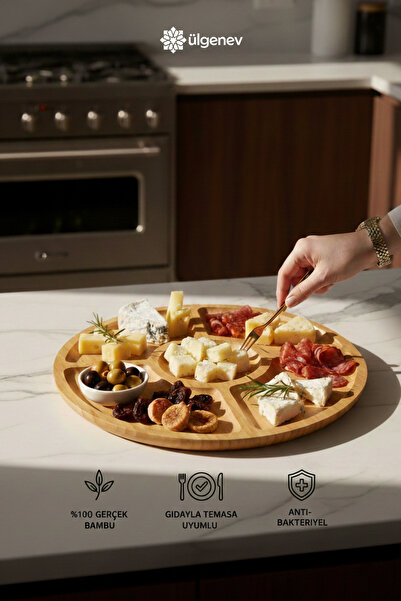 Ülgenev Lüks 5 Bölmeli Bambu Kahvaltı ve Çerez Sunum Tabağı - Yuvarlak Doğal ...