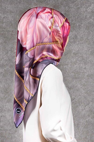 VİOLLA Twill Gül Desenli Pudra - Bebe Mavisi Renkli 90x90 Eşarp (İpek İçermez...